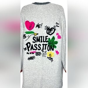 Just Madison Cardigan Sweater Duster Open Front Puff Graffiti Comic Grey Large